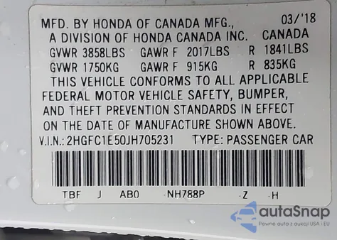 2018 Honda Civic Si z USA, uszkodzony, nr VIN 2HGFC1E50JH705231